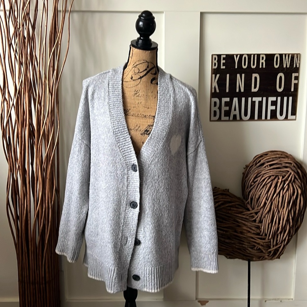 Old Navy Gray Cardigan Sweater With Cream Heart